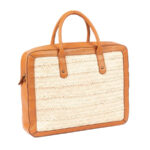 Sac à bandoulière porte documents et pc en fibre de palmier et cuir véritable en camel