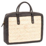 Sac à bandoulière porte documents et pc en fibre de palmier et cuir véritable en noir cendré