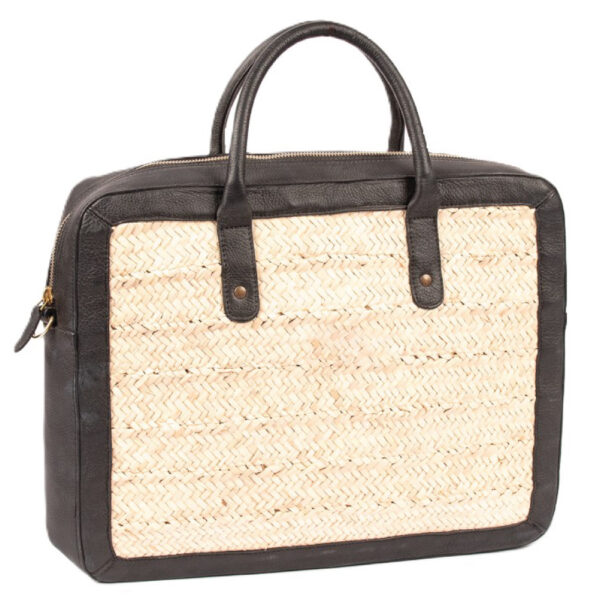 Sac à bandoulière porte documents et pc en fibre de palmier et cuir véritable en noir cendré
