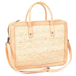Sac à bandoulière porte documents et pc en fibre de palmier et cuir véritable en saumon clair