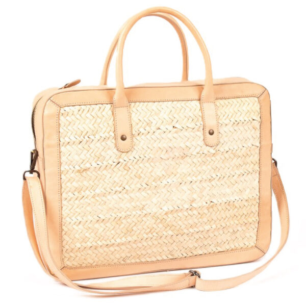 Sac à bandoulière porte documents et pc en fibre de palmier et cuir véritable en saumon clair