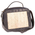 Sac à main unisexe à bandoulière en fibre de palmier et cuir véritable en noir satiné