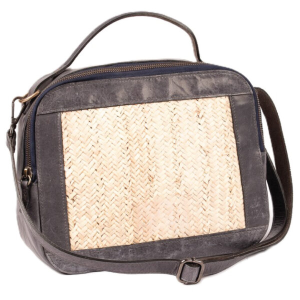 Sac à main unisexe à bandoulière en fibre de palmier et cuir véritable en noir satiné