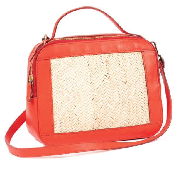 Sac à main pour femme à bandoulière en fibre de palmier et cuir véritable en rouge corail