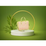 Sac à bandoulière porte documents et pc en fibre de palmier et cuir véritable en vert satiné – Image 2