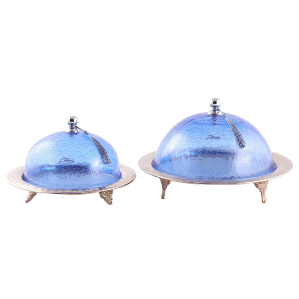 Set de 2 Cloches Présentoir à gâteaux haut de gamme en verre soufflé craquelé sur plateau en cuivre martelé fait à la main PM et GM