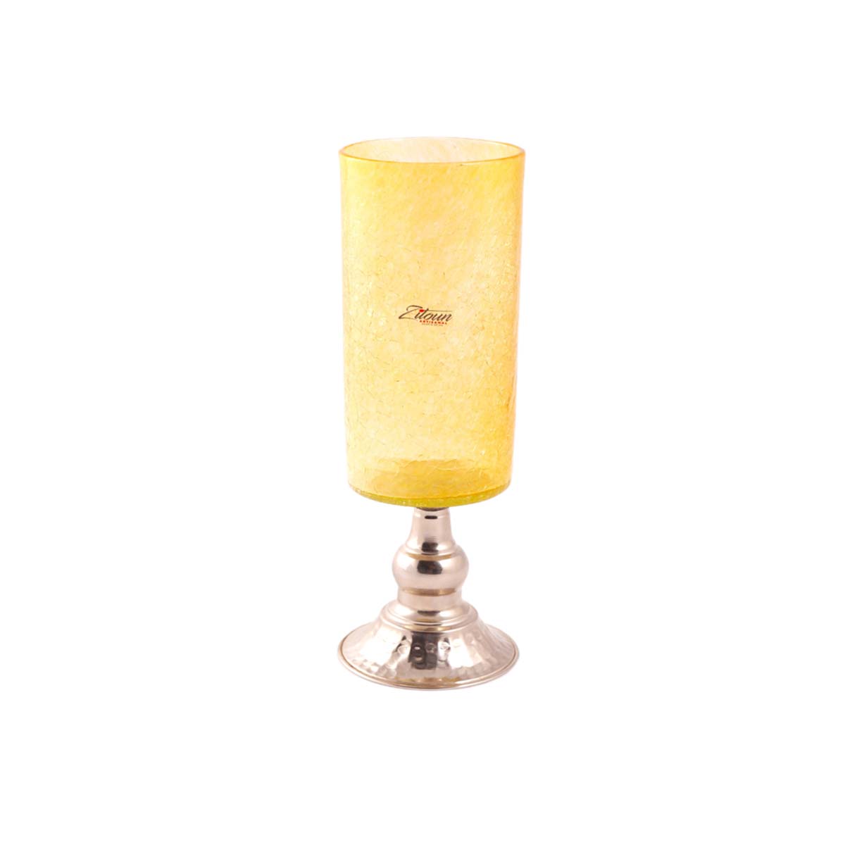 MZA 9010.JPG Vase artistique et lanterne cylindrique en haut de gamme en verre soufflé avec piètement en cuivre martelé GM – Image 1