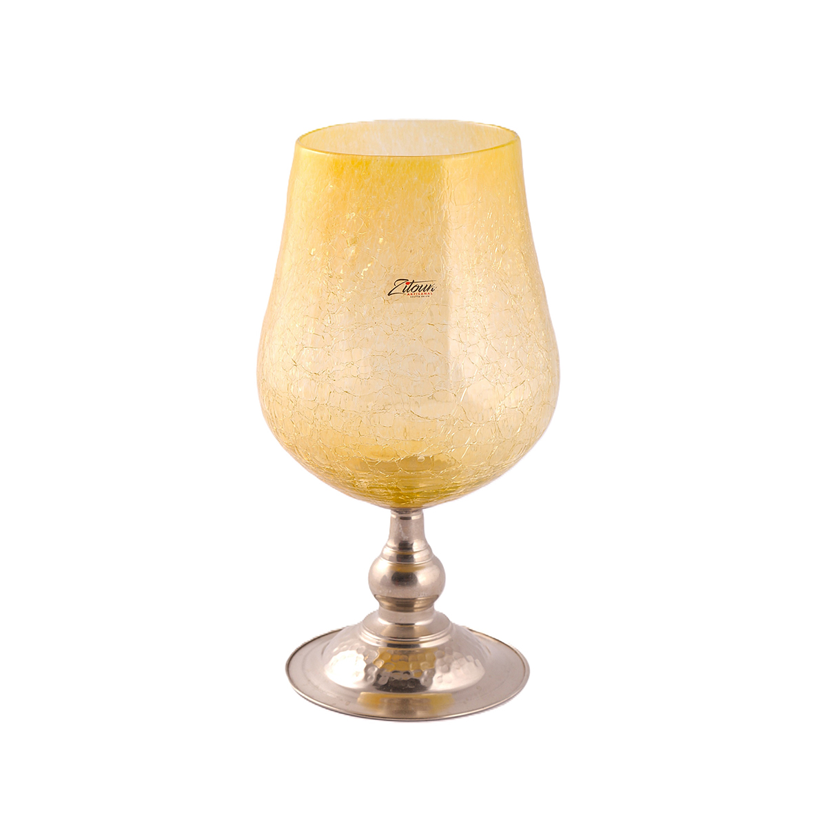 MZA 9013 Vase artistique Ovale haut de gamme en verre soufflé craquelé sur pied en cuivre martelé fait main – Image 1