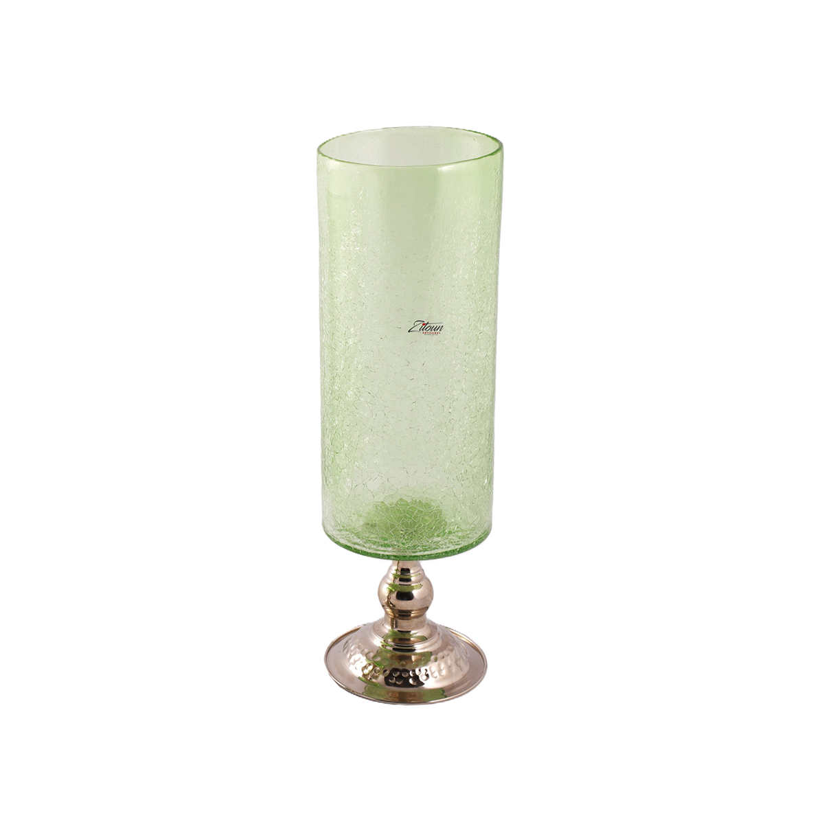 MZA 9014.JPG Vase artistique et lanterne cylindrique en haut de gamme en verre soufflé craquelé avec piètement en cuivre martelé GM – Image 1