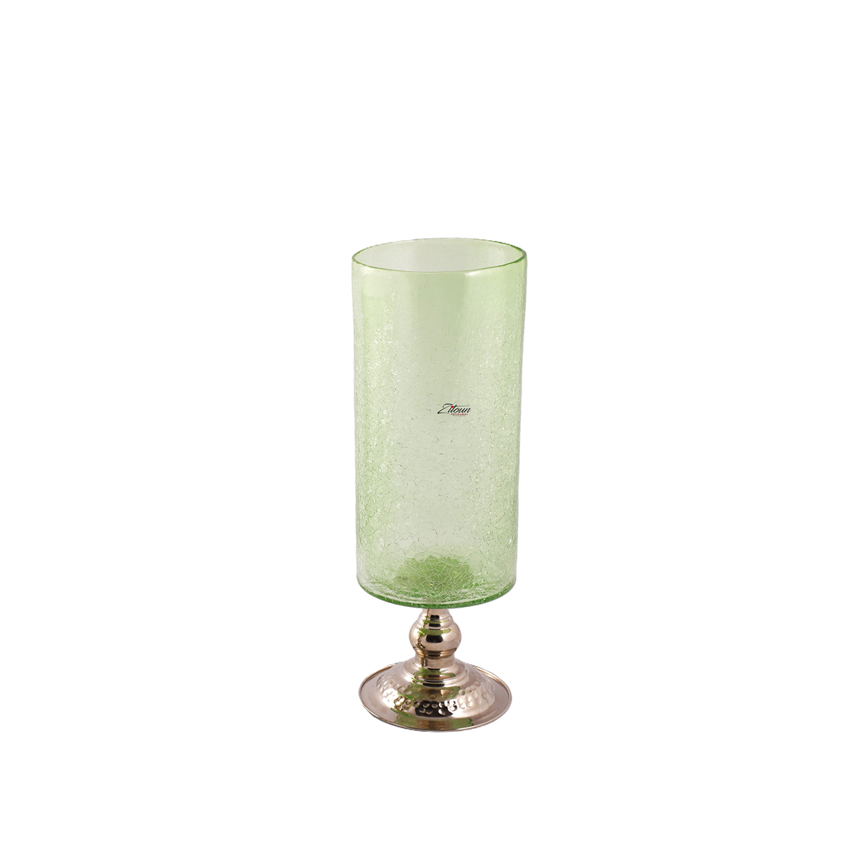 MZA 9016.JPG Vase artistique et lanterne cylindrique en haut de gamme en verre soufflé craquelé avec piètement en cuivre martelé MM – Image 1