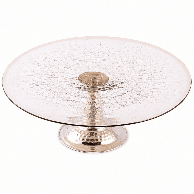 Présentoir à gâteaux haut de gamme en verre soufflé Assiette Présentoir à gâteaux haut de gamme en verre soufflé craquelé sur pied en cuivre martelé fait à la main GM – Image 1