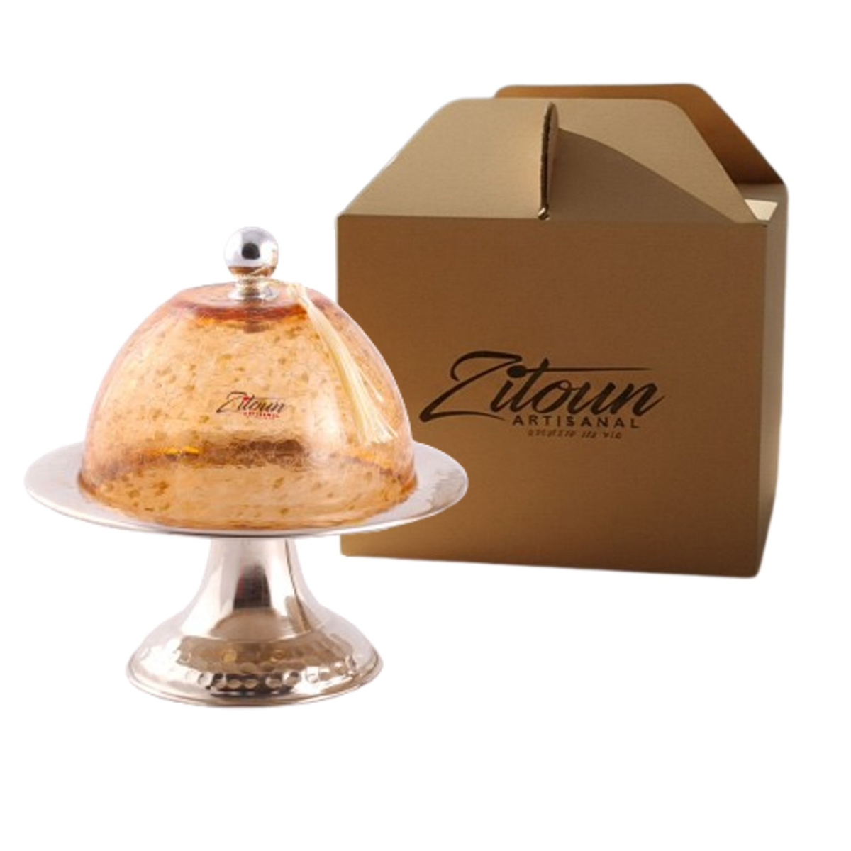 coffret présentoir pour gateau Présentoir à gâteaux (METHRED) haut de gamme en verre soufflé craquelé sur pied en cuivre martelé fait à la main PM – Image 1
