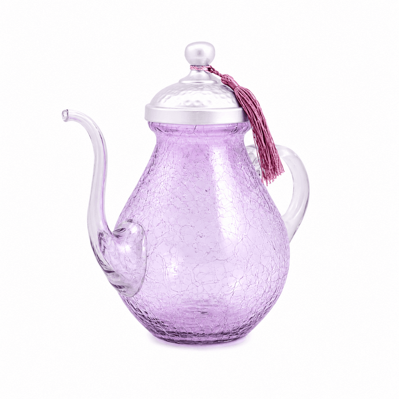 theére mauve Théière rustique haute en verre soufflé craquelé design arabesque fait à la main – Image 1