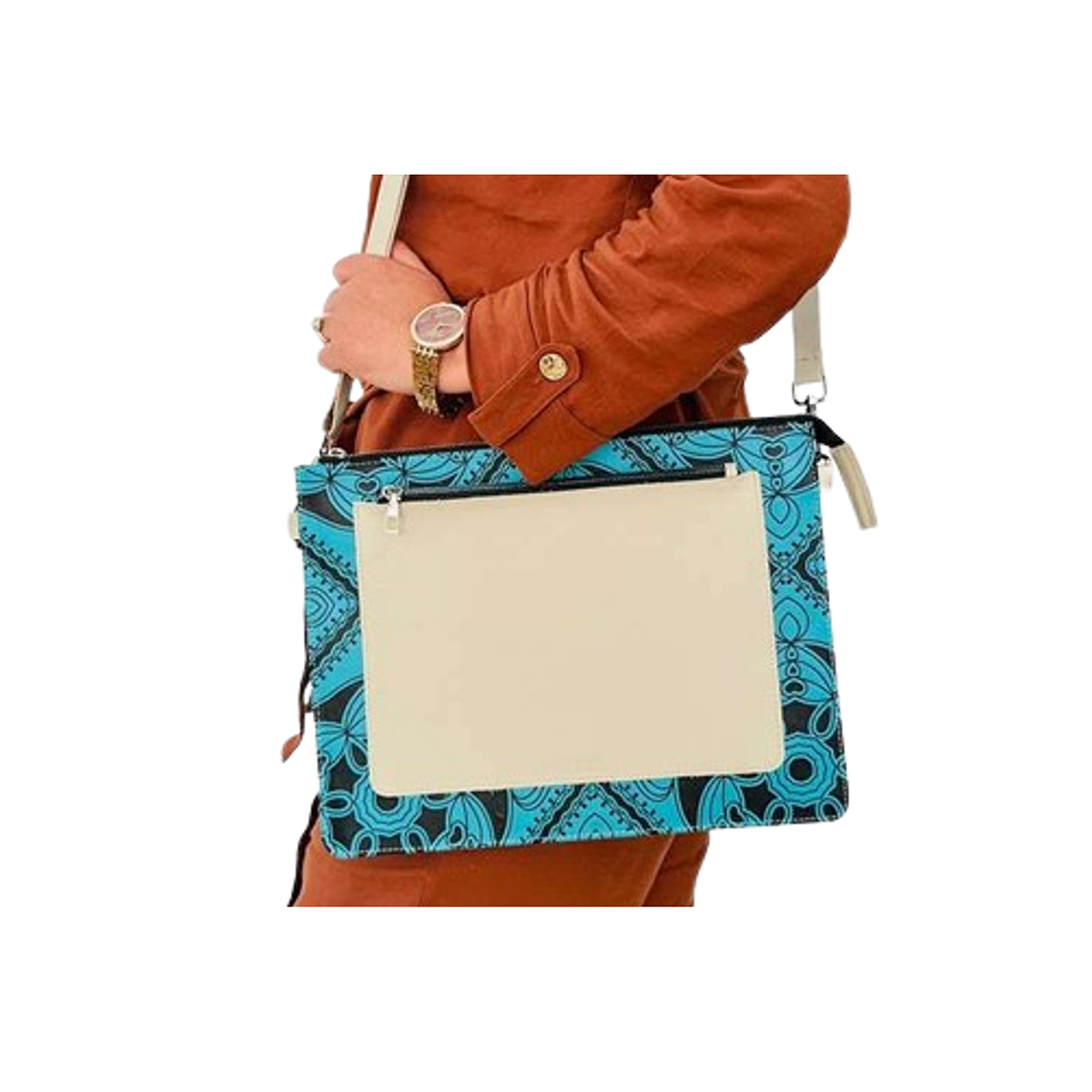 OCS 5094 Porte document à bandoulière femme en tissu coton wax habillage en cuir véritable N° 94 – Image 1