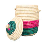 Panier de rangement GM rond tressé à la main en fibre de palmier naturelle bicolor design arabesque
