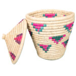 Panier de rangement GM rond tressé à la main en fibre de palmier naturelle bicolor design arabesque