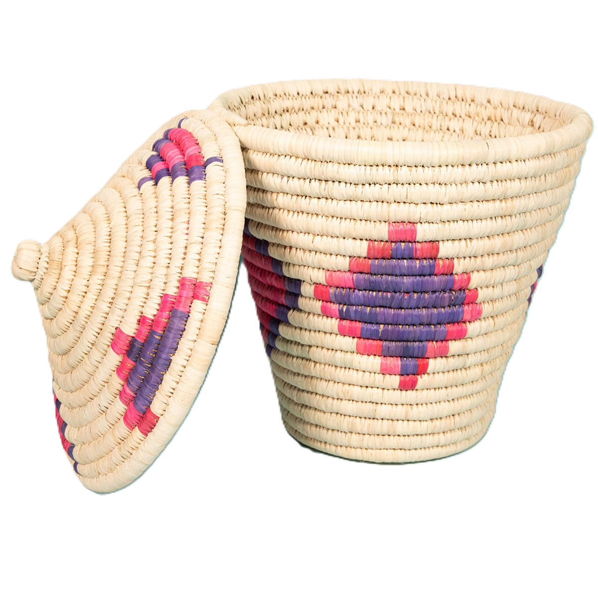 ARZ 4155 Panier de rangement GM rond tressé à la main en fibre de palmier naturelle bicolor design arabesque – Image 1