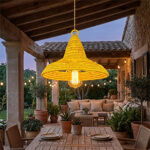 Suspension luminaire rustique ronde ajourée tissée à la main en fibre végétale de palmier naturelle jaune – Image 2