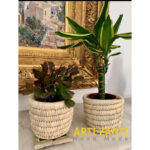Cache pot rond en couleur naturel rustique tressé à la main en fibre naturelle de palmier – Image 3