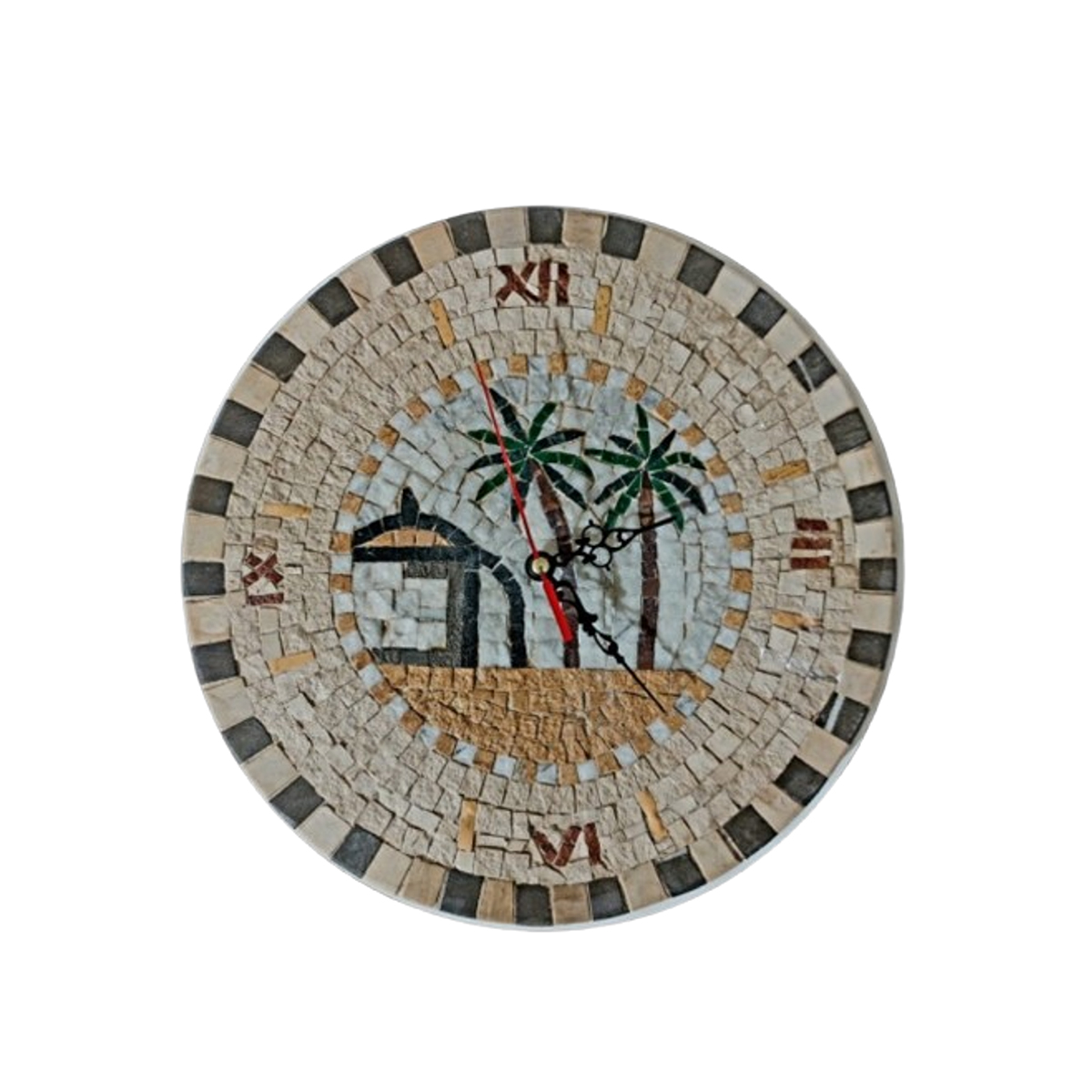BYK 1013 Horloge murale ronde en mosaïque romaine fait à la main haut de gamme motif Les palmiers de la collection Art Murale – Image 1