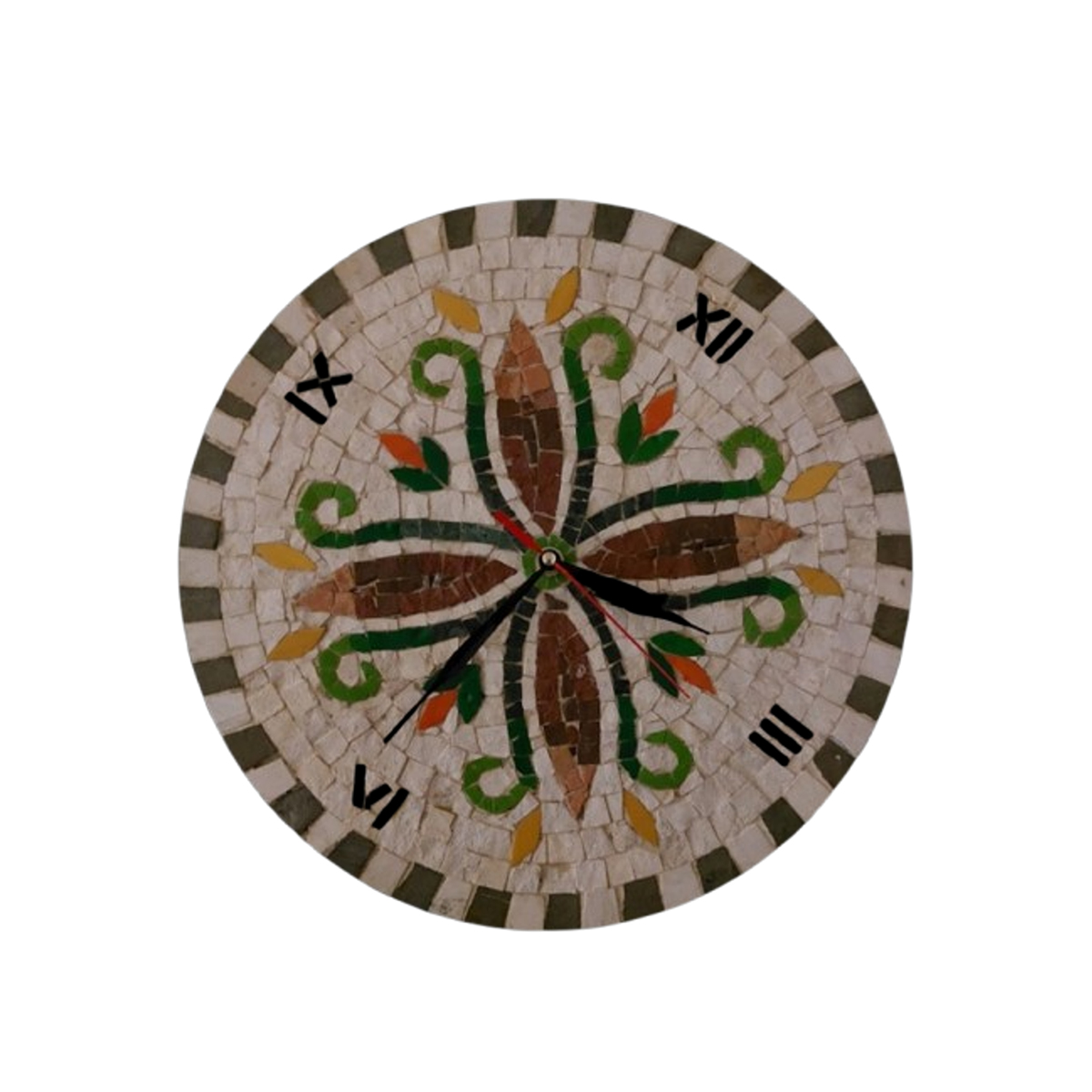 BYK 1016 Horloge murale ronde en mosaïque romaine fait à la main haut de gamme motif Florale 4 de la collection Art Murale – Image 1