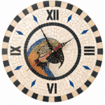 Horloge murale ronde en mosaïque romaine fait à la main haut de gamme motif Le perroquet 1 de la collection Art Murale