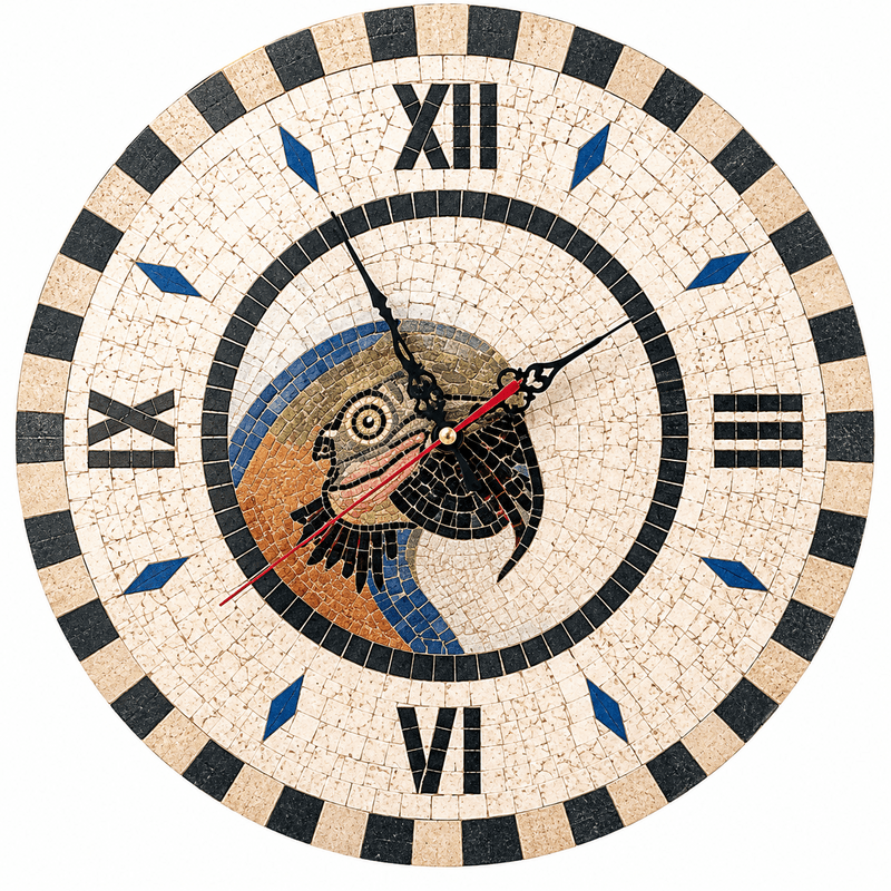 Horloge murale ronde en mosaïque (10) Horloge murale ronde en mosaïque romaine fait à la main haut de gamme motif Le perroquet 1 de la collection Art Murale – Image 1