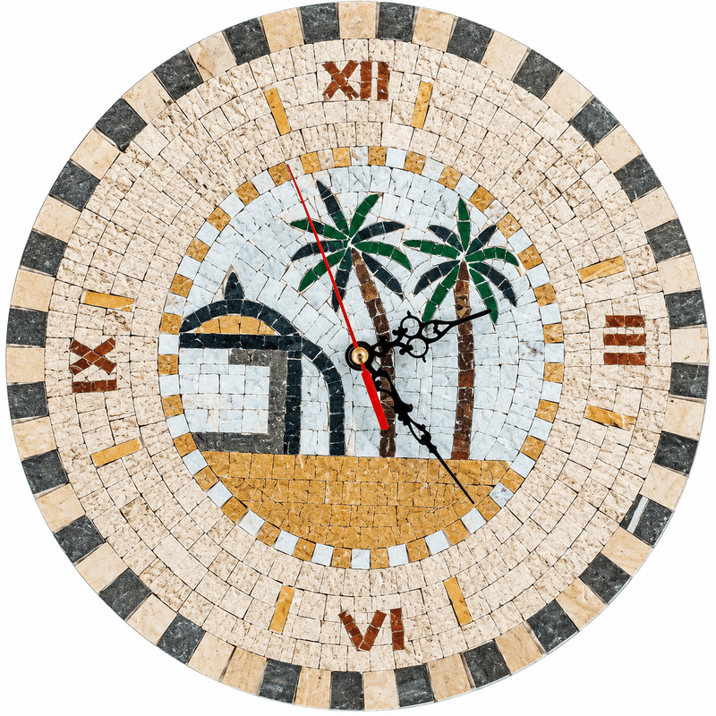 Horloge murale ronde en mosaïque (11) Horloge murale ronde en mosaïque romaine fait à la main haut de gamme motif Les palmiers de la collection Art Murale – Image 1