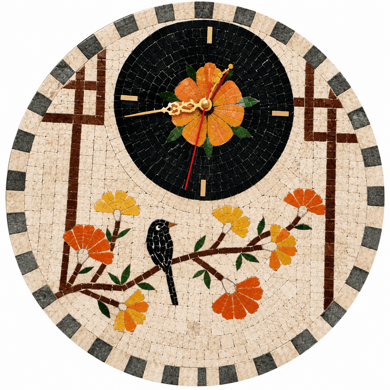 Horloge murale ronde en mosaïque (13) Horloge murale ronde en mosaïque romaine fait à la main haut de gamme motif Oiseaux 1 de la collection Art Murale – Image 1