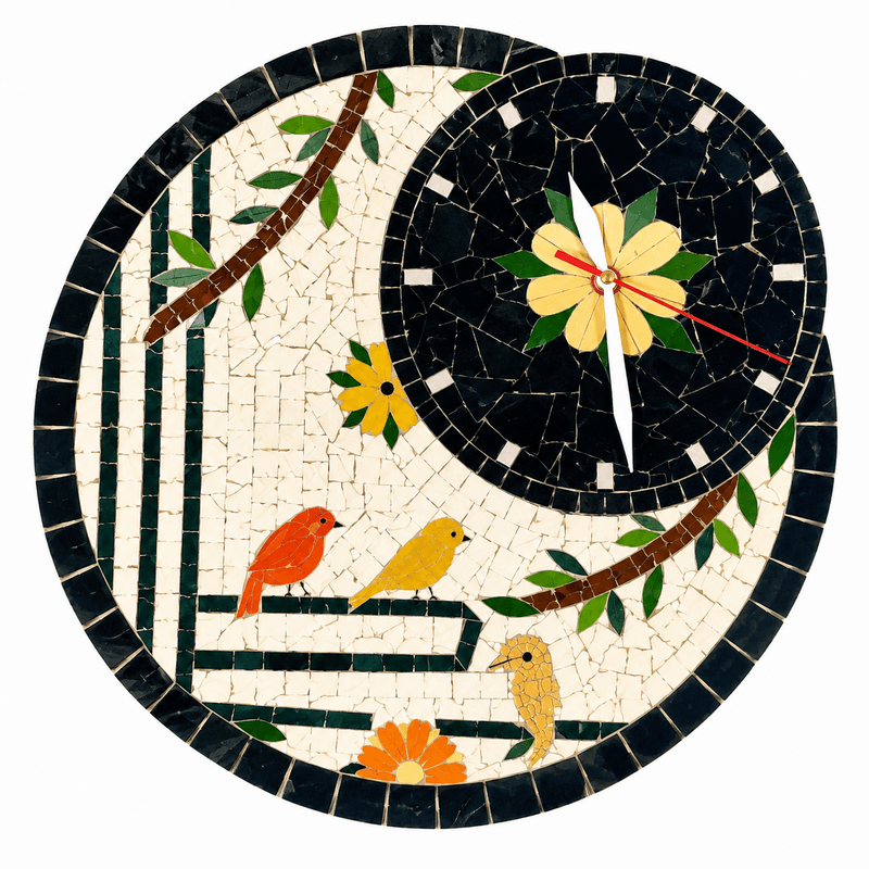 Horloge murale ronde en mosaïque (4) Horloge murale ronde en mosaïque romaine fait à la main haut de gamme motif Florale 2 de la collection Art Muraleles – Image 1