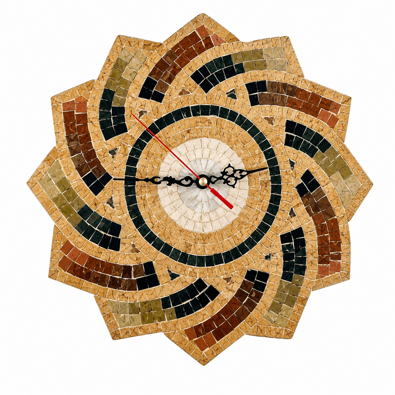 Horloge murale ronde en mosaïque (5) Horloge murale ronde en mosaïque romaine fait à la main haut de gamme motif Arabesque 1 de la collection Art Murale – Image 1