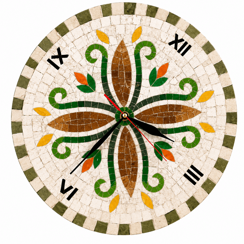 Horloge murale ronde en mosaïque (7) Horloge murale ronde en mosaïque romaine fait à la main haut de gamme motif Florale 4 de la collection Art Murale – Image 1