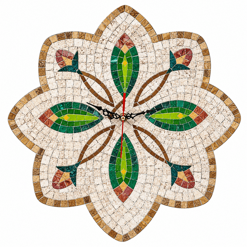 Horloge murale ronde en mosaïque (8) Horloge murale ronde en mosaïque romaine fait à la main haut de gamme motif Florale 5 de la collection Art Murale – Image 1