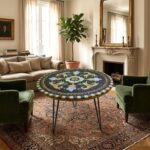 Table ronde plateau en mosaïque romaine fait à la main haut de gamme structure en fer forgé artisanal motif Florale 1 de la collection Art Murale – Image 2