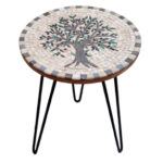 Table ronde plateau en mosaïque romaine fait à la main haut de gamme structure en fer forgé artisanal motif L’olivier de la collection Artistique
