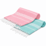 2 Serviette Fouta Bali traditionnelle  En Vert d’eau et Rose bonbon