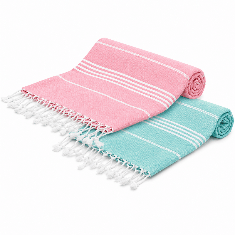 Fouta Bali En Vert d’eau et Rose bonbon 2 Serviette Fouta Bali traditionnelle En Vert d’eau et Rose bonbon – Image 1