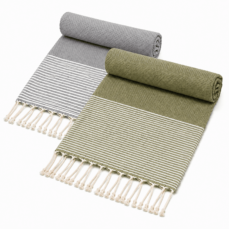 Fouta nid d’abeille XL En Gris et Vert kaki (2) Set de 2 Serviette en coton - Fouta nid d'abeille XL En Gris et Vert kaki PTZ 3011 – Image 1