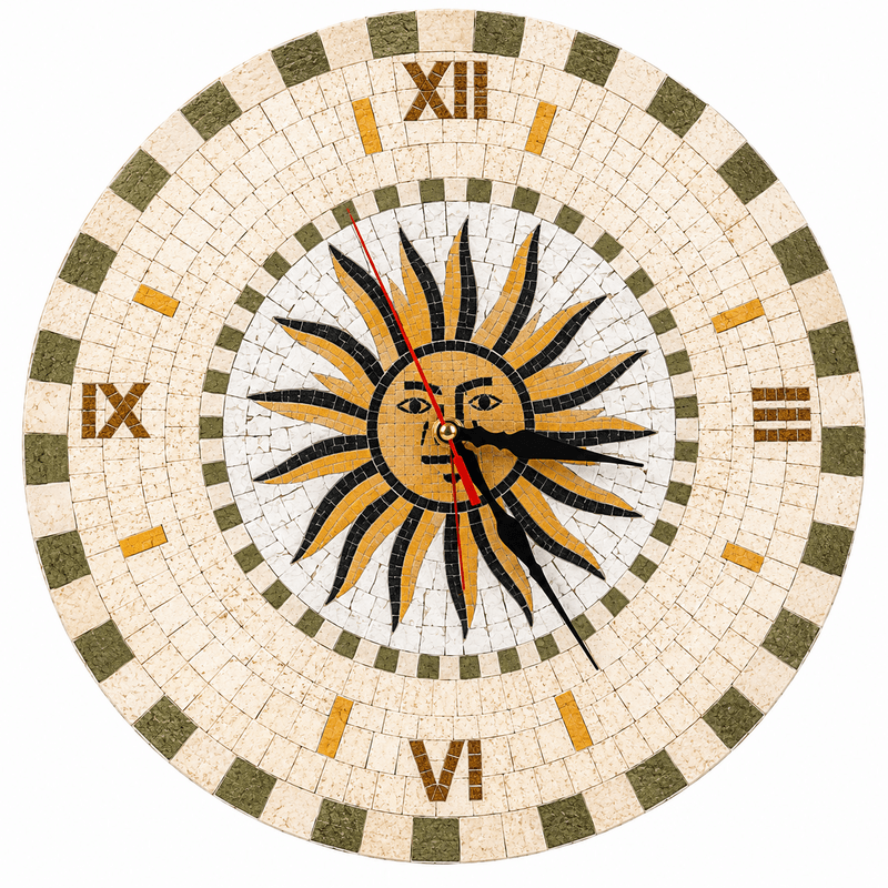 Horloge murale ronde en mosaïque (12) Horloge murale ronde en mosaïque romaine fait à la main haut de gamme motif The Sun Dreams Team 1 de la collection Art Murale – Image 1
