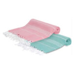 2 Serviette Fouta Bali traditionnelle  En Vert d’eau et Rose bonbon