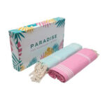 2 Serviette Fouta Bali traditionnelle  En Vert d’eau et Rose bonbon – Image 4