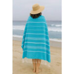 Set de 2 Serviette en coton - Fouta Bali  XL En Saumon et Bleu turquoise rayée blanc PTZ 2015 – Image 3