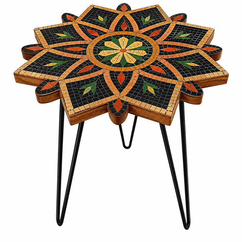 Table ronde MM plateau en mosaïque romaine fait à la main (2) Table ronde plateau en mosaïque romaine fait à la main haut de gamme structure en fer forgé artisanal motif Florale de la collection Artistique – Image 1