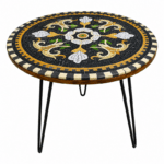 Table ronde MM plateau en mosaïque romaine fait à la main haut de gamme structure en fer forgé artisanal motif Florale 1 de la collection Art Murale