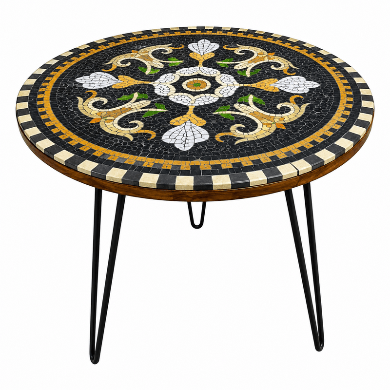 Table ronde MM plateau en mosaïque romaine fait à la main (3) Table ronde MM plateau en mosaïque romaine fait à la main haut de gamme structure en fer forgé artisanal motif Florale 1 de la collection Art Murale – Image 1
