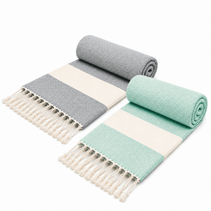 fouta diamond en gris et vert d eau Serviette en coton - Fouta Diamond en Gris et Vert d’eau PTZ 4013 – Image 1
