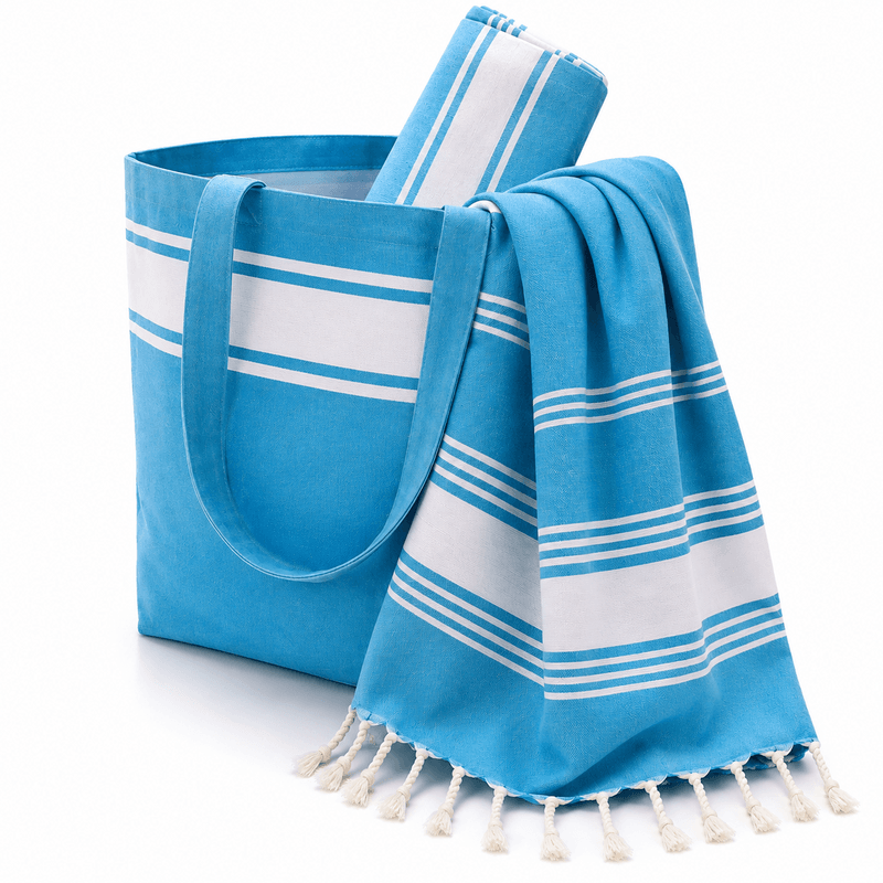 pack de plage (1) Kit Summer 3 pièces : 1 Sac 1 trousse et 1 fouta Bali en Bleu PTZ 6014 – Image 1