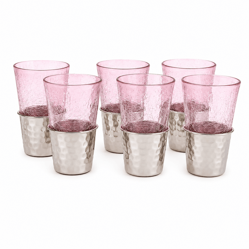 Ensemble de 6 verres à the Türk (6) Coffret de 6 verres à the évasé en verres soufflés craquelés avec socle en cuivre martelé – Image 1