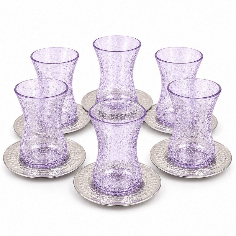 Ensemble de 6 verres à the Türk avec sous tasse (4) Ensemble de 6 verres à the Türk avec sous tasse en verre soufflé craquelé design vintage – Image 1