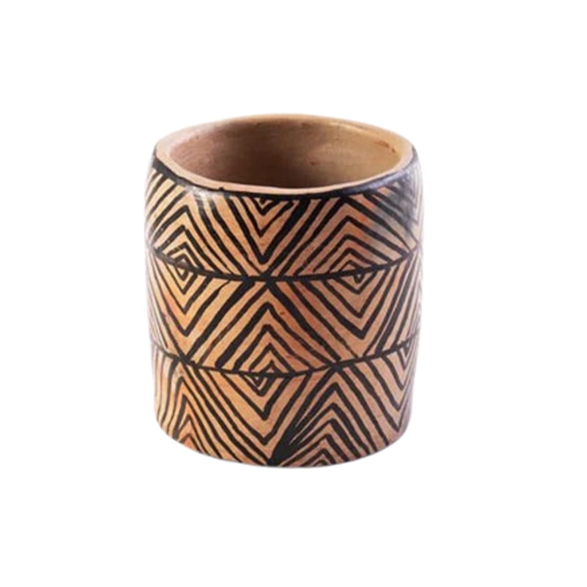 HKJ 1318 Collection Héritage Khalti Jomaa – Petit cache pot tubulaire aux rayures inversée noir et beige en Poterie de sejnane – Image 1